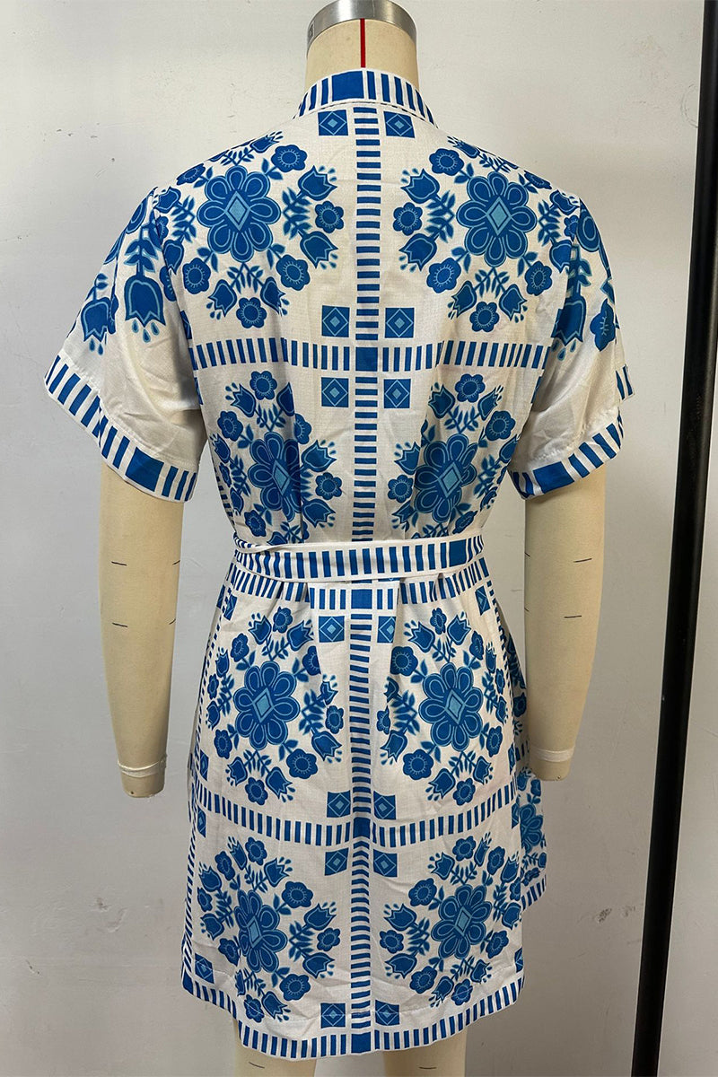 Vestido informal de manga corta con cuello mandarín, botones y cordones, estampado de bloques de color en contraste