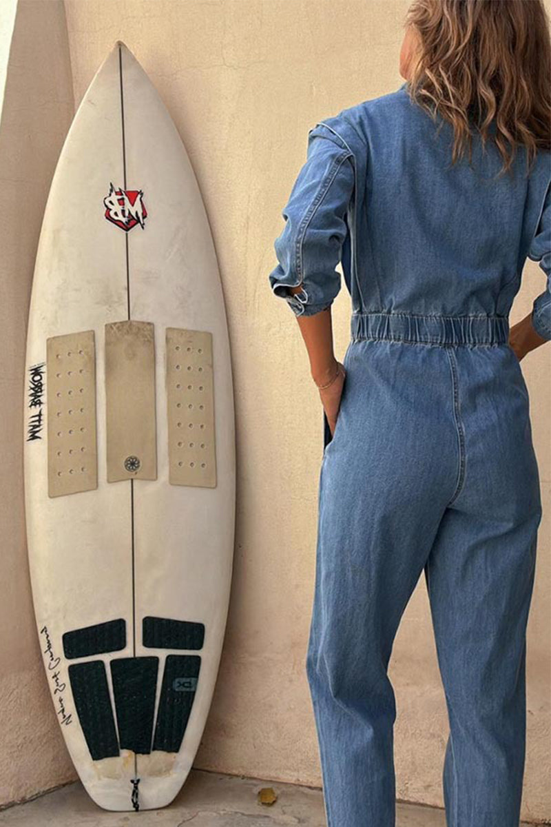 Casual Solid Color Distressed Pocket Buckle O Neck Long Sleeve Regular Denim Jumpsuits