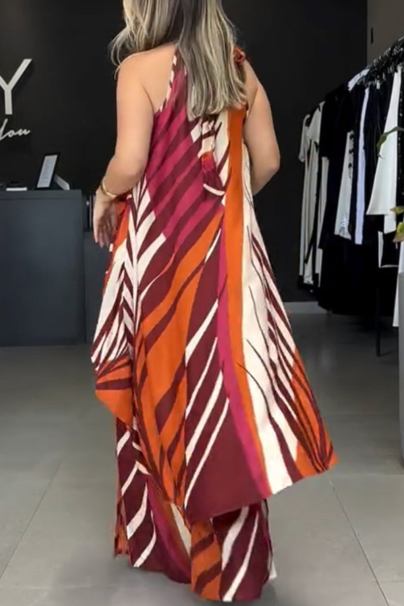 Conjunto de dos piezas informal con estampado de rayas, cordones, contraste irregular, cuello redondo, sin mangas