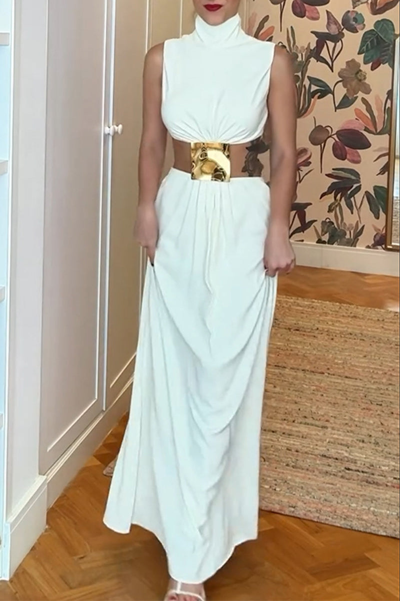 Vestidos largos sexis de cuello alto con adornos metálicos y detalles de color sólido