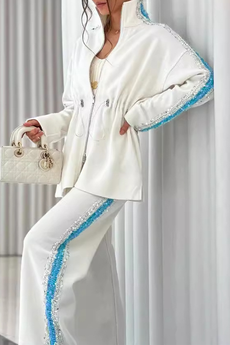 Conjunto informal de dos piezas con lentejuelas, cordón ajustable, retazos, cremallera, cuello mandarín, manga larga (5 colores)