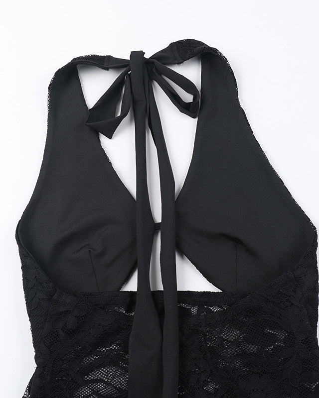 Halter Neck Lace Hollow Stitching Hip Dress