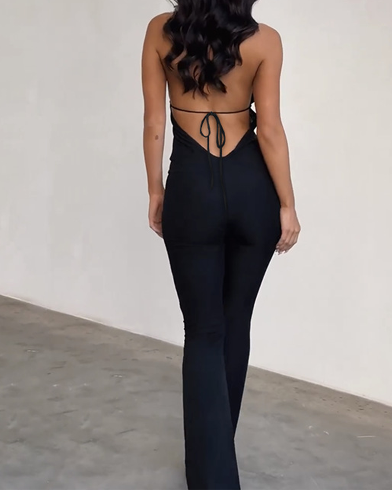 V-Neck Tie Hollow Jumpsuit