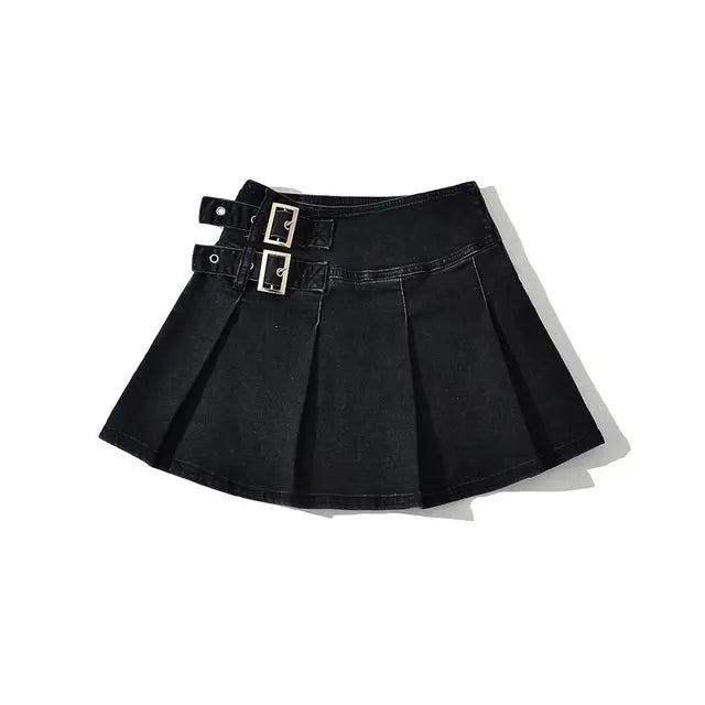 2025 Summer New Denim Y2k Skirt with Pleats and Belt 90s E-girl Korean Skirts For Women High Street Jeans Short Bottom
