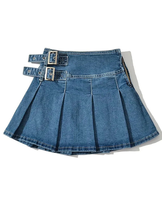 2025 Summer New Denim Y2k Skirt with Pleats and Belt 90s E-girl Korean Skirts For Women High Street Jeans Short Bottom