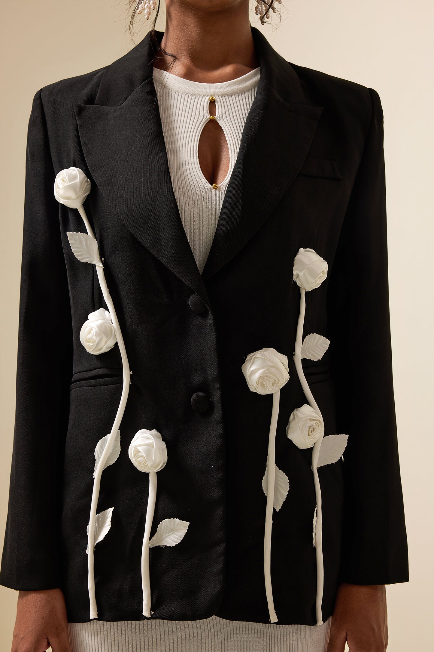 Blazer de manga larga con contraste de colores y flores 3D