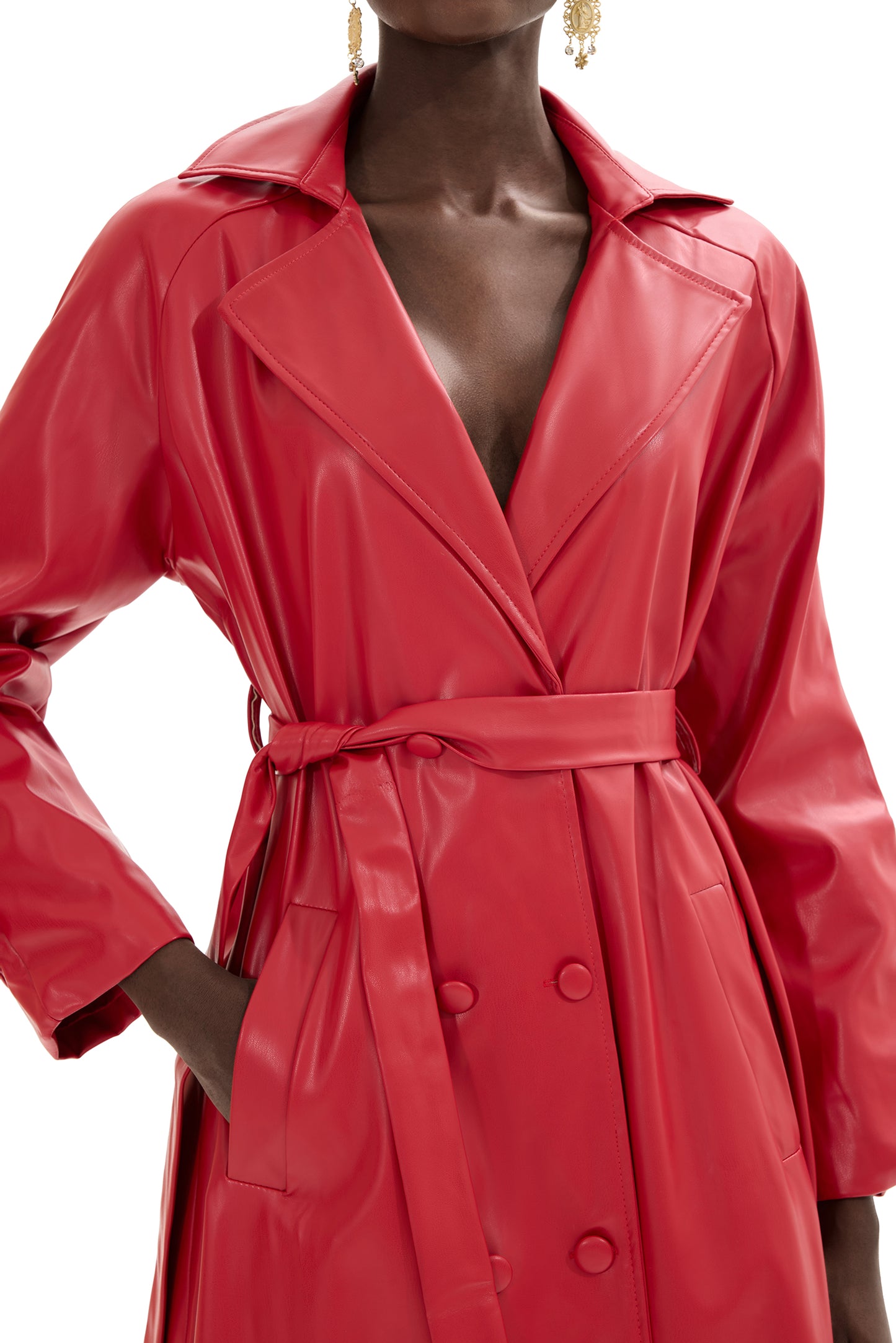 Abrigo midi cruzado de piel sintética lisa