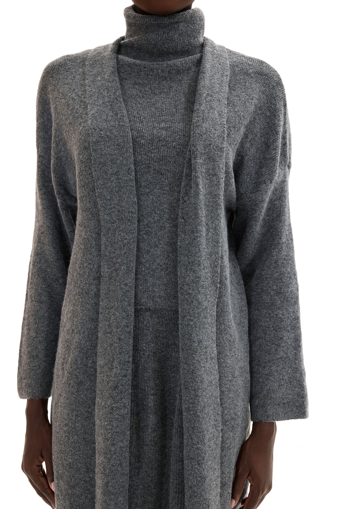 Conjunto de cárdigan de manga larga, top sin mangas de cuello alto y falda larga