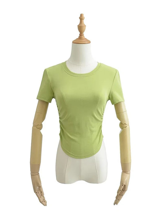 Camiseta de algodón de manga corta con cuello redondo y laterales fruncidos para mujer de Harajuku 2025