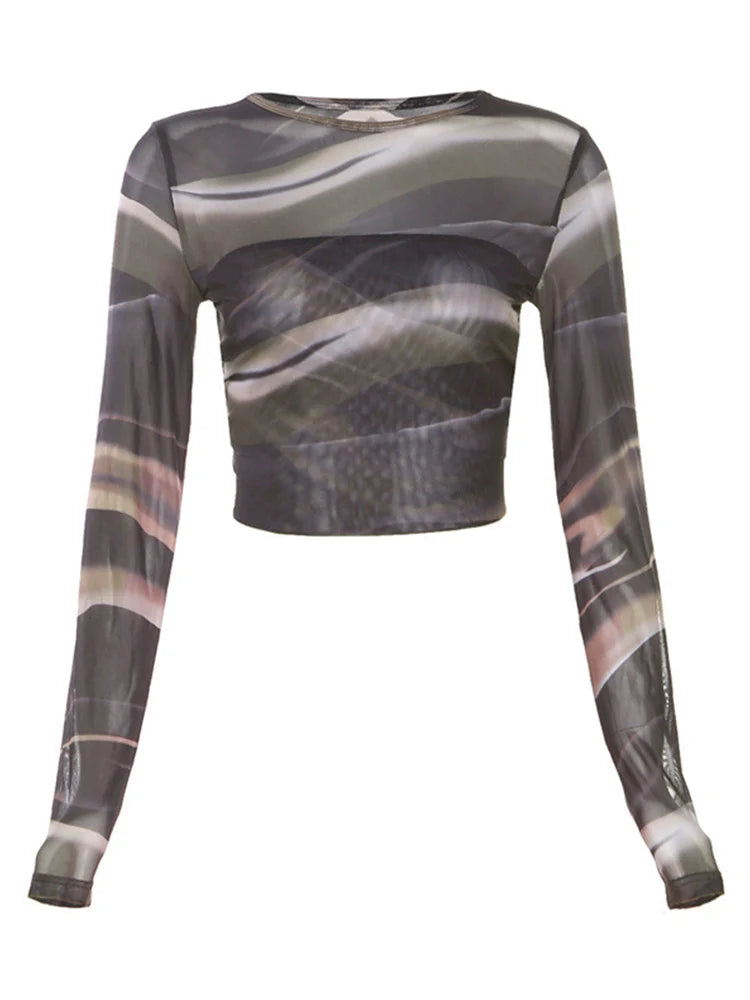 Ropa de verano 2025 para mujer, camisetas de malla con estampado a la moda, camisetas informales sexis de manga larga sin espalda, camisetas cortas ajustadas con cordón umbilical