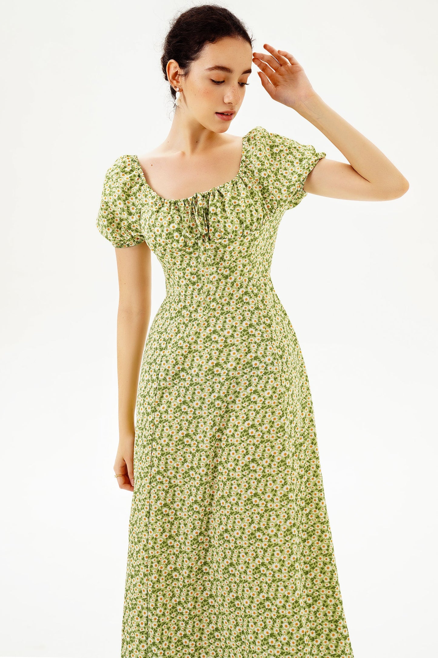 Vestido midi con mangas abullonadas y abertura floral