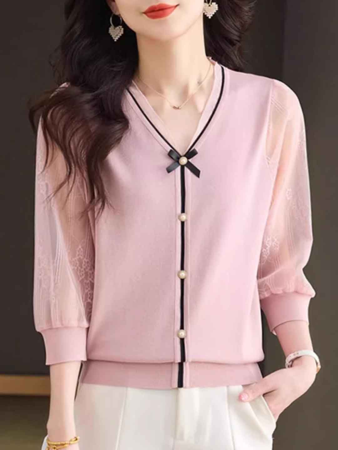 Taylor Loose V-Neck Bow Lace Knitted Top