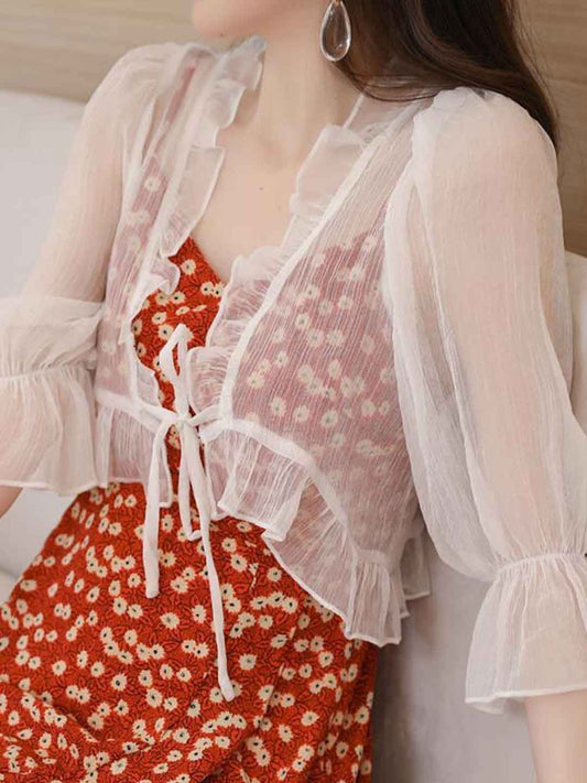 Grace Slim V-Neck Chiffon Ruffle Solid Color Blouse