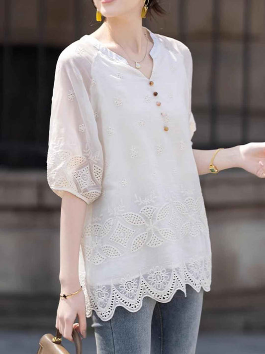 Eva Classic V-Neck Embroidered Chiffon Blouse