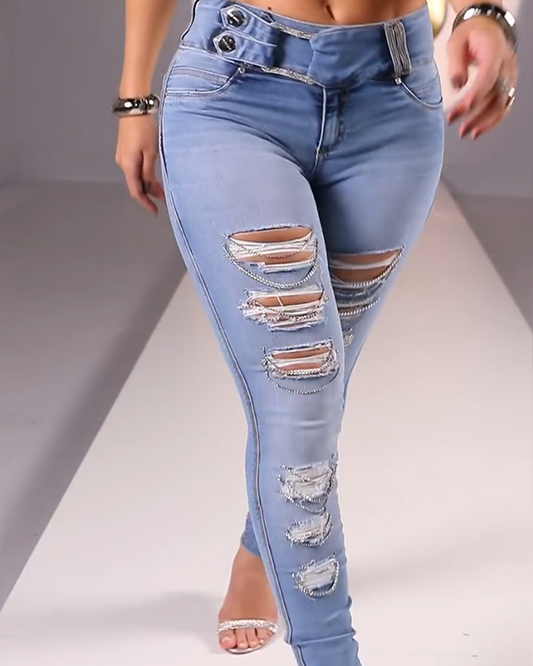 Decorative Ripped Slim-Fit Jeans (Pre-Sale)