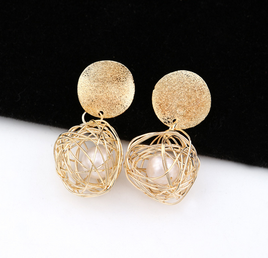 Geometric Woven Pearl Ball Stud Earrings