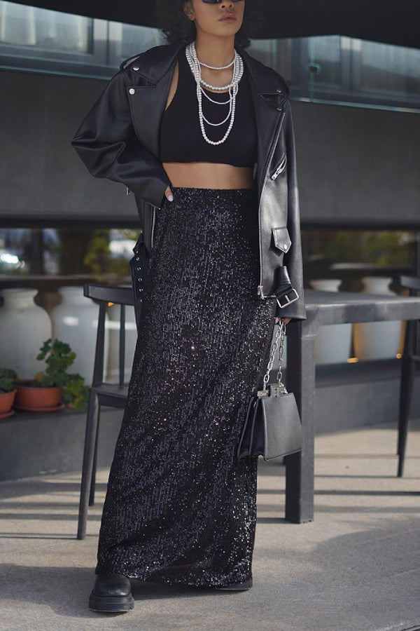 High Waist Sparkle Floor Length Sequin Skirt