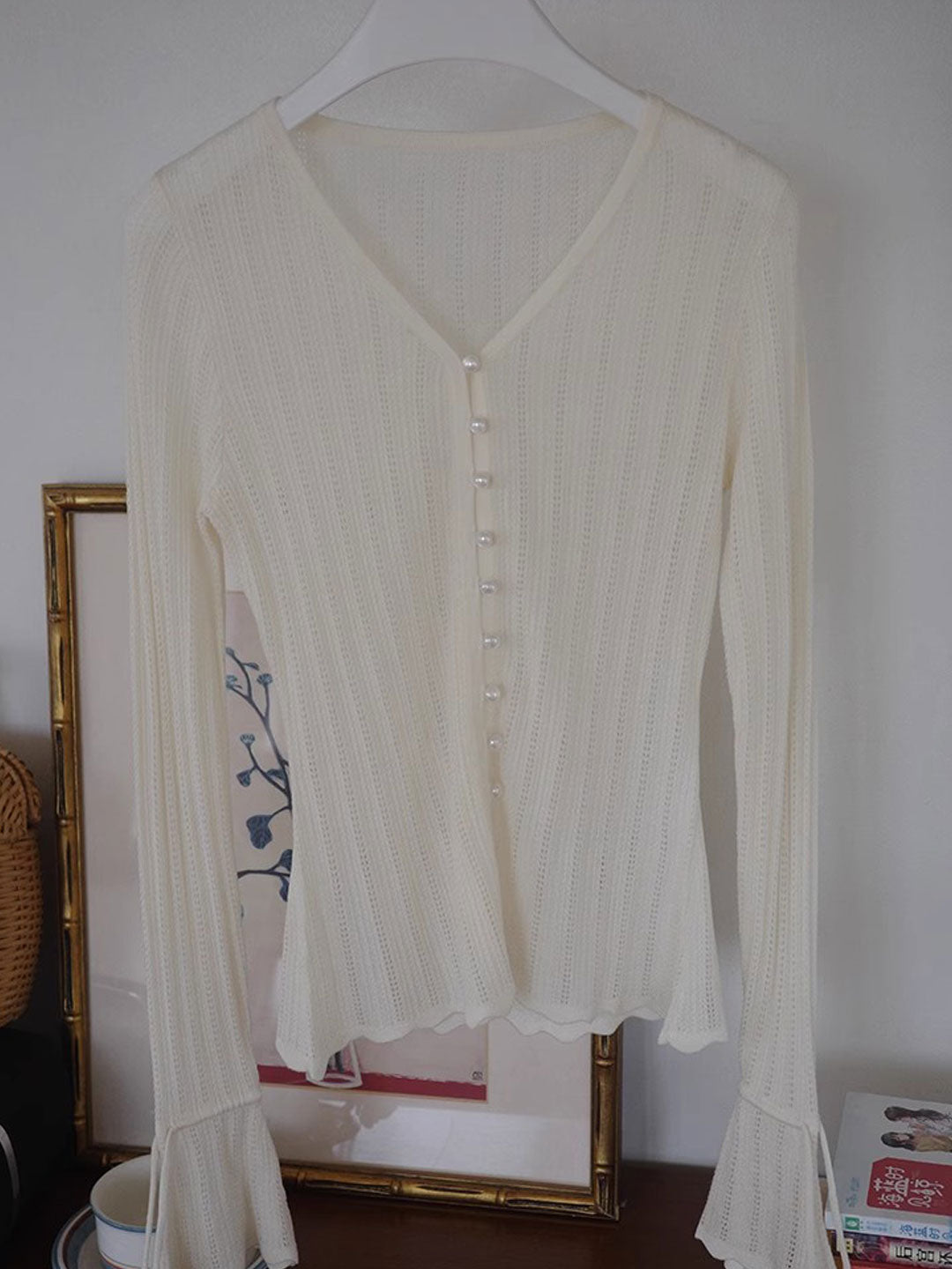 Zoe Slim V-Neck Flare Sleeve Pearl Hollowed Knitted Cardigan