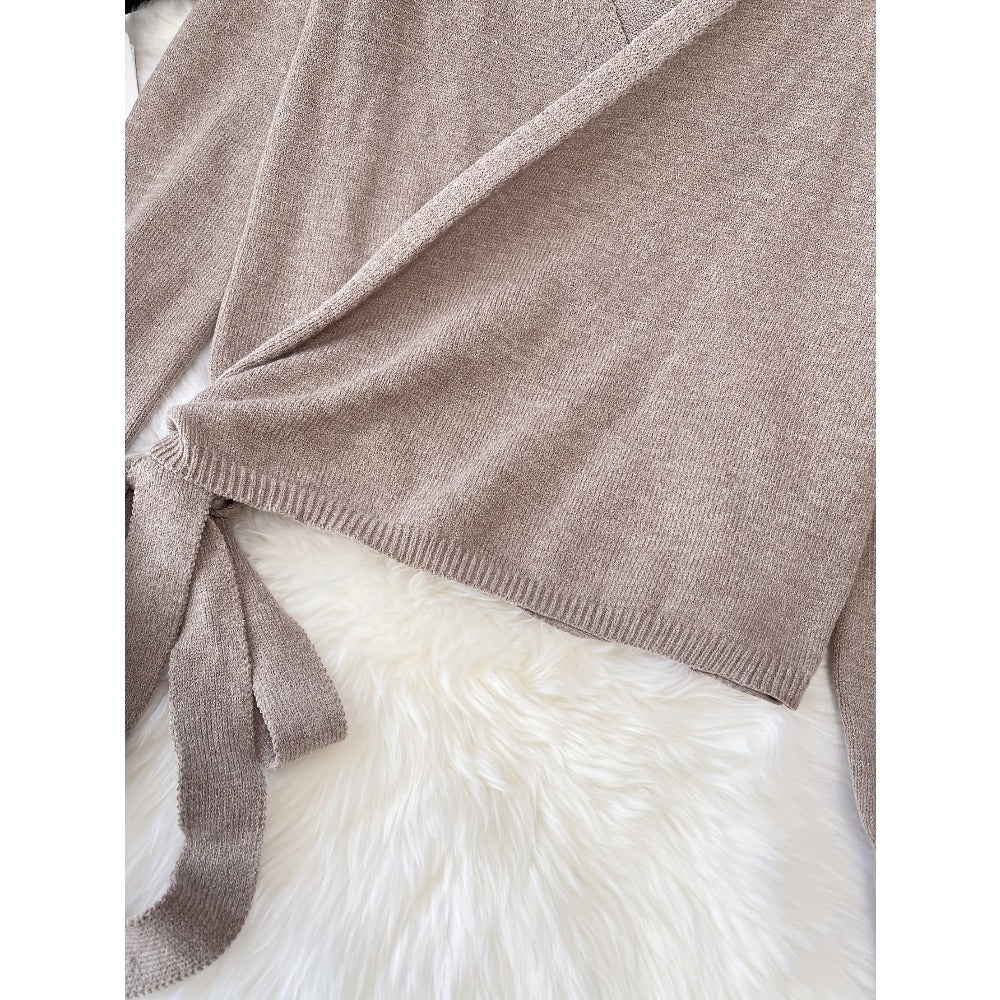 Beige Wrap Knit Sweater with Long Sleeves for Women - Clara