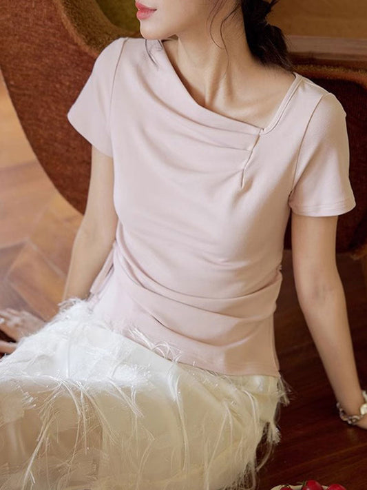 Vanessa Retro Solid Color Slant Collar Drawstring Top