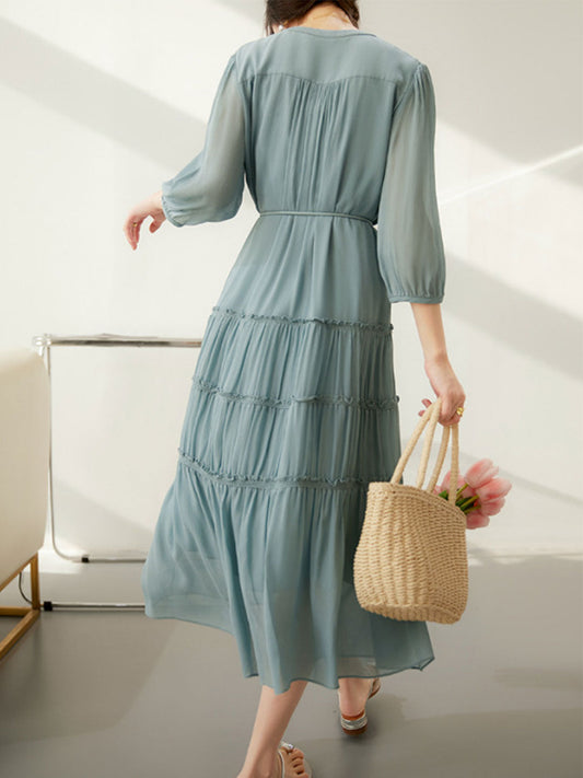 Sophie Elegant Pleated Tie Dress-Blue