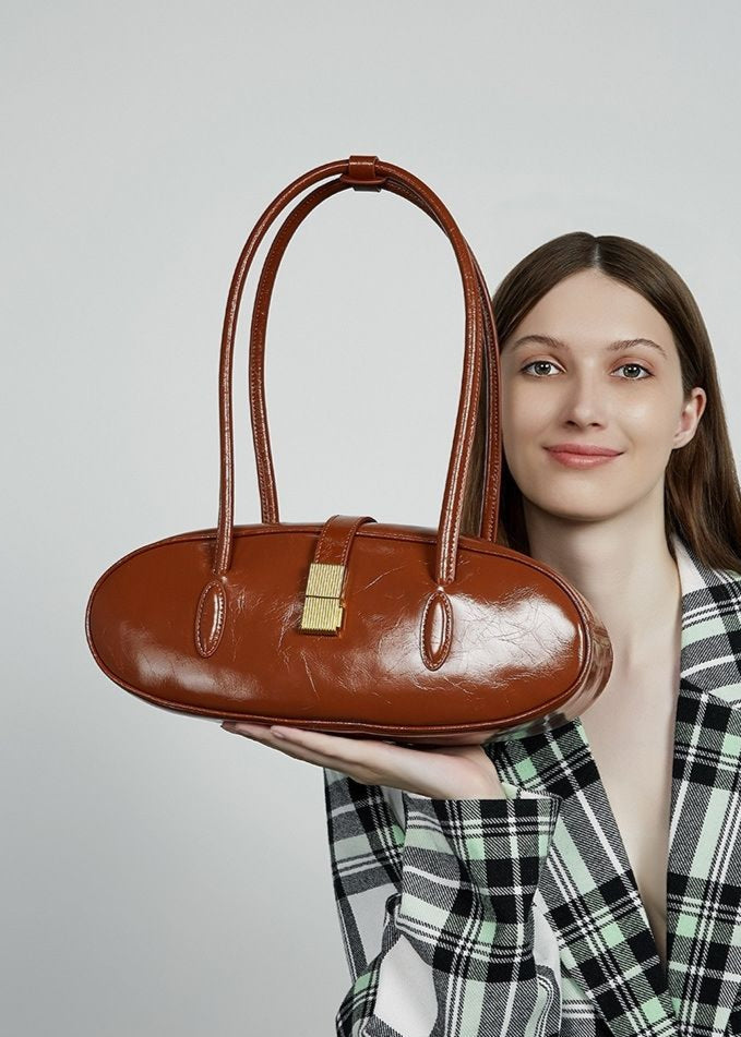 Oval Patent Leather Top Handle Bag – Chic Structured Handbag for Women