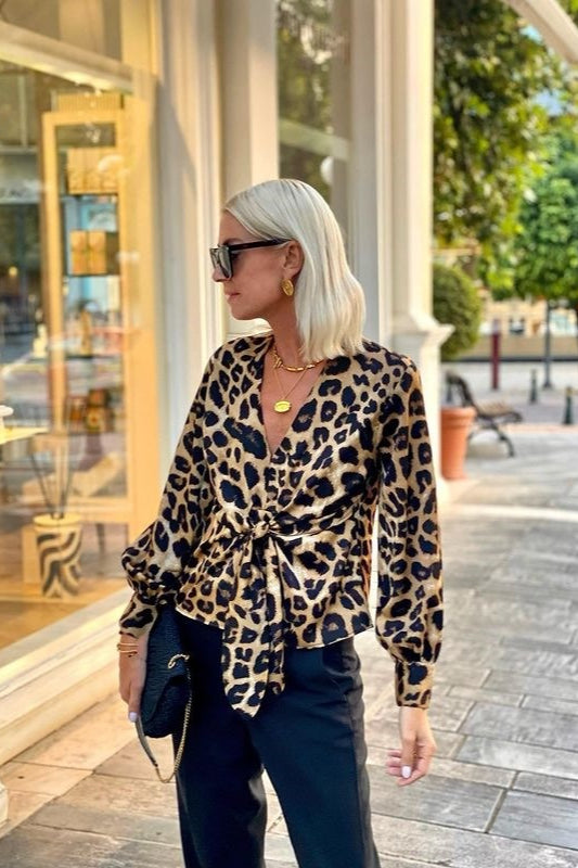 Leopard Print V-Neck Tie Long Sleeve Blouse