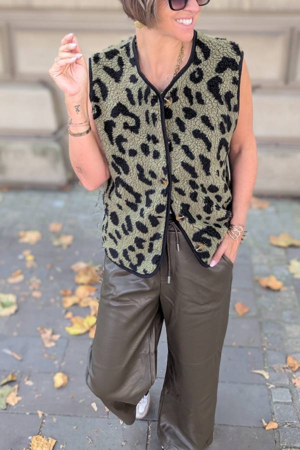 Chaqueta tipo chaleco informal con estampado de leopardo y abertura frontal para mujer, otoño e invierno