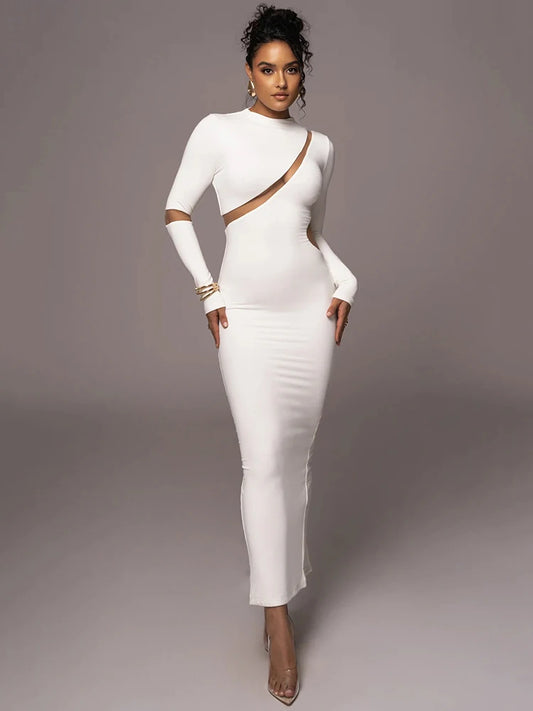 -Vestido midi de manga larga con abertura para mujer, sexy, ahuecado, dividido, irregular, irregular, para fiesta, club, noche