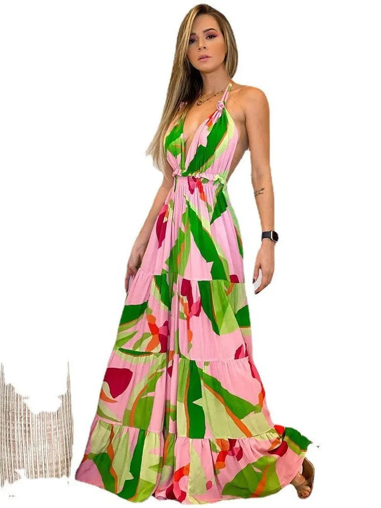Vestidos de cuello halter con estampado de estilo bohemio para mujer, sexys, con escote en V y espalda descubierta, para vacaciones y playa, ropa informal para desplazamientos diarios.