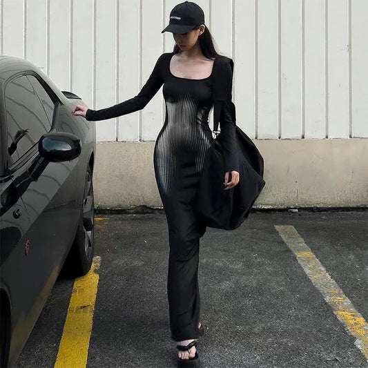 Vestido informal estilo sirena hipster cruzado con cuello cuadrado y manga larga con estampado de rayas abstractas para mujer