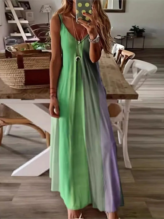 Vestidos de tirantes finos con estampado de degradado de color para mujer, moda de verano, cuello en V, estilo de vacaciones de playa, vestidos largos de línea A para mujer