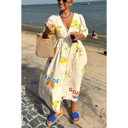 Vestidos estampados de moda para mujer, modernos, abullonados, de manga corta, de un solo pecho, informales, para playa, vacaciones, sueltos, largos, de verano, nuevos vestidos