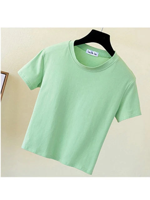Green Crop Top T-Shirt Female Solid Cotton O-Neck Short Sleeve T-shirts for Women High Waist Slim Short Sport Femme T-Shirt
