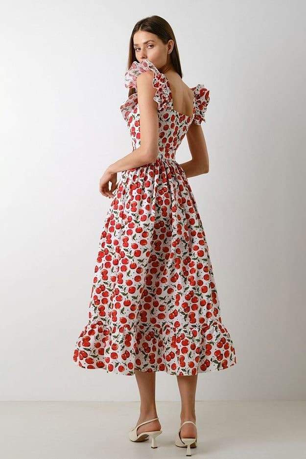 Vestido midi con cuello cuadrado y volantes florales