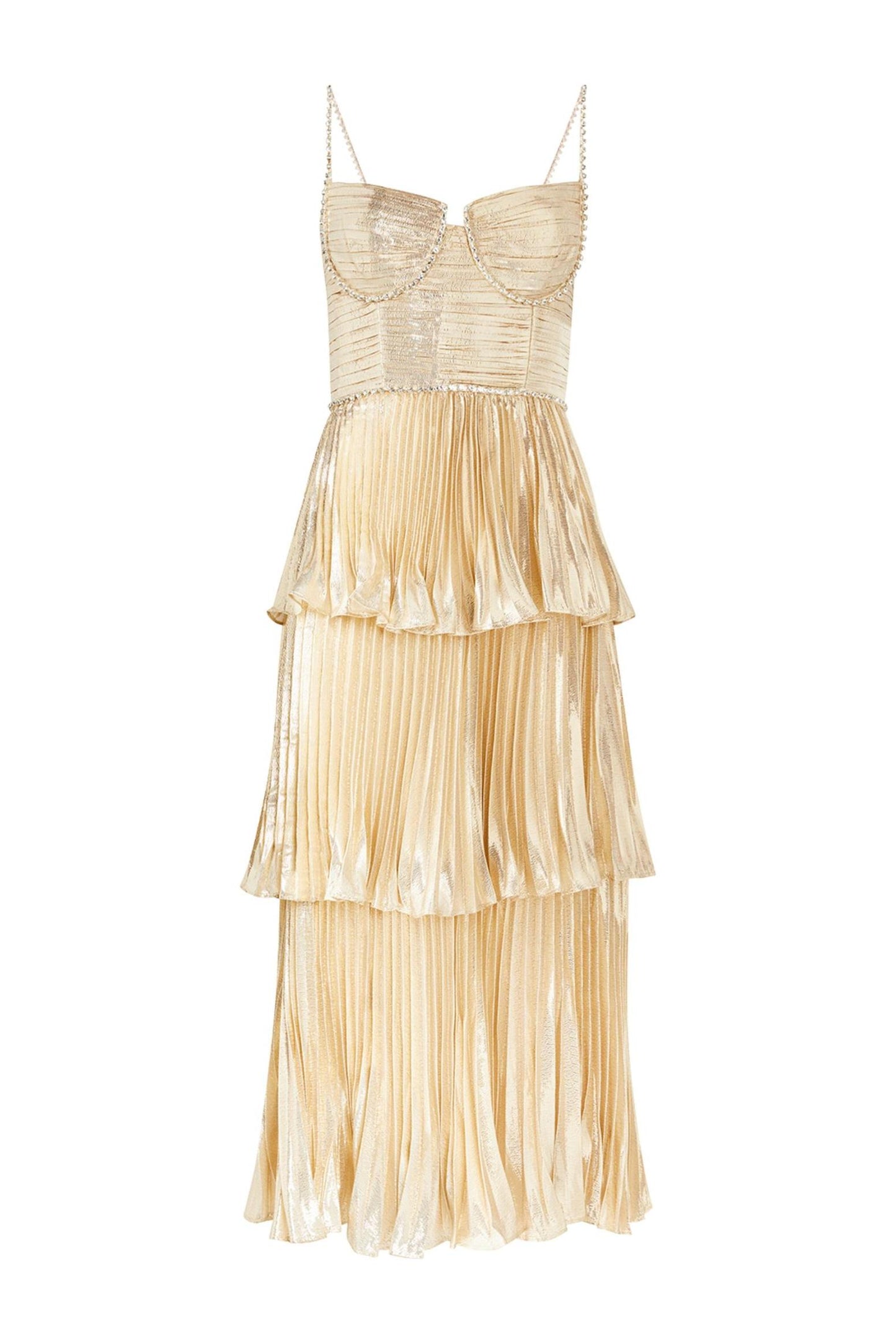 Vestido midi liso plisado sin mangas con diamantes de imitación