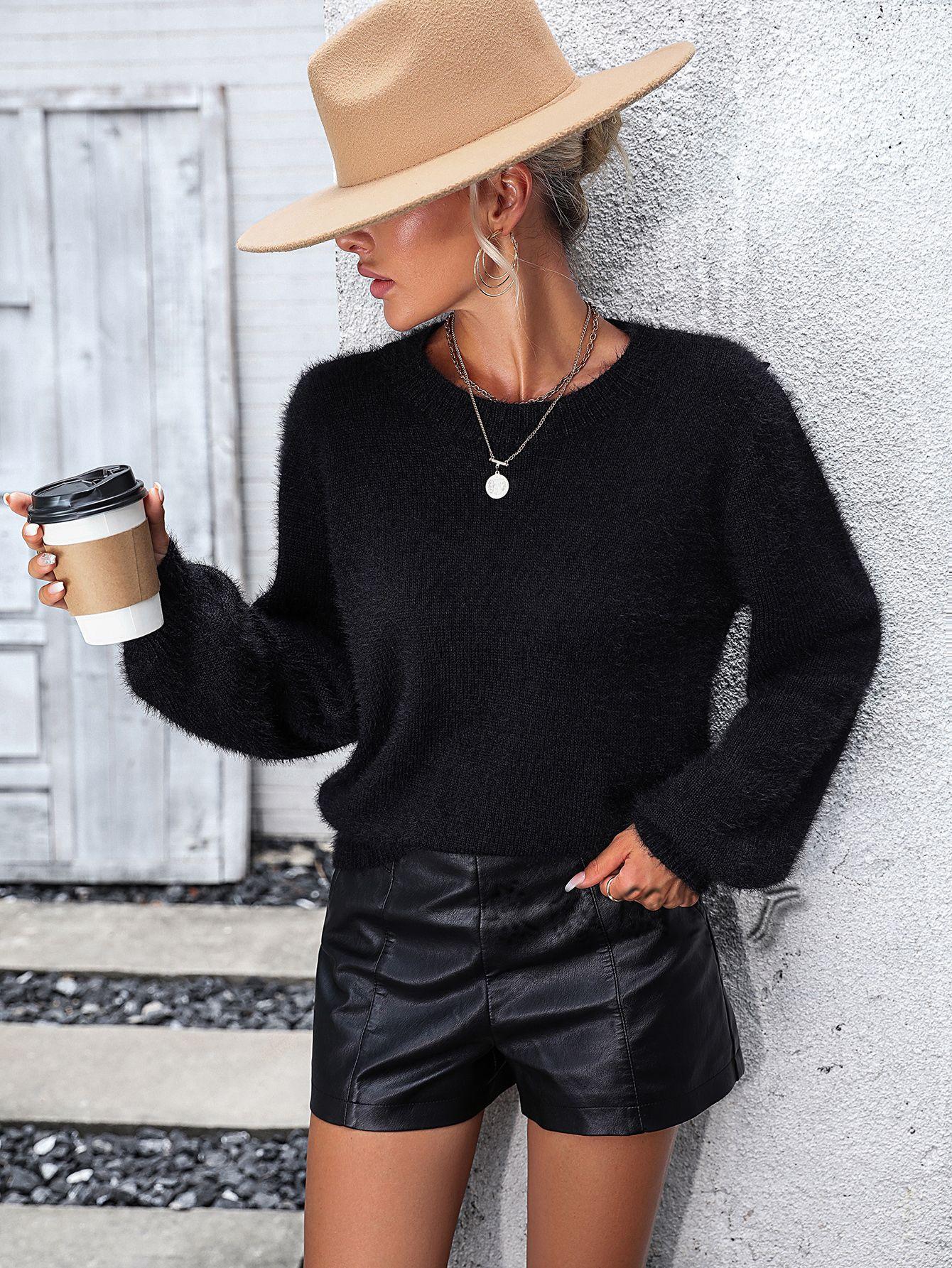 Suéter de manga larga con cuello redondo y encaje recortado, blanco