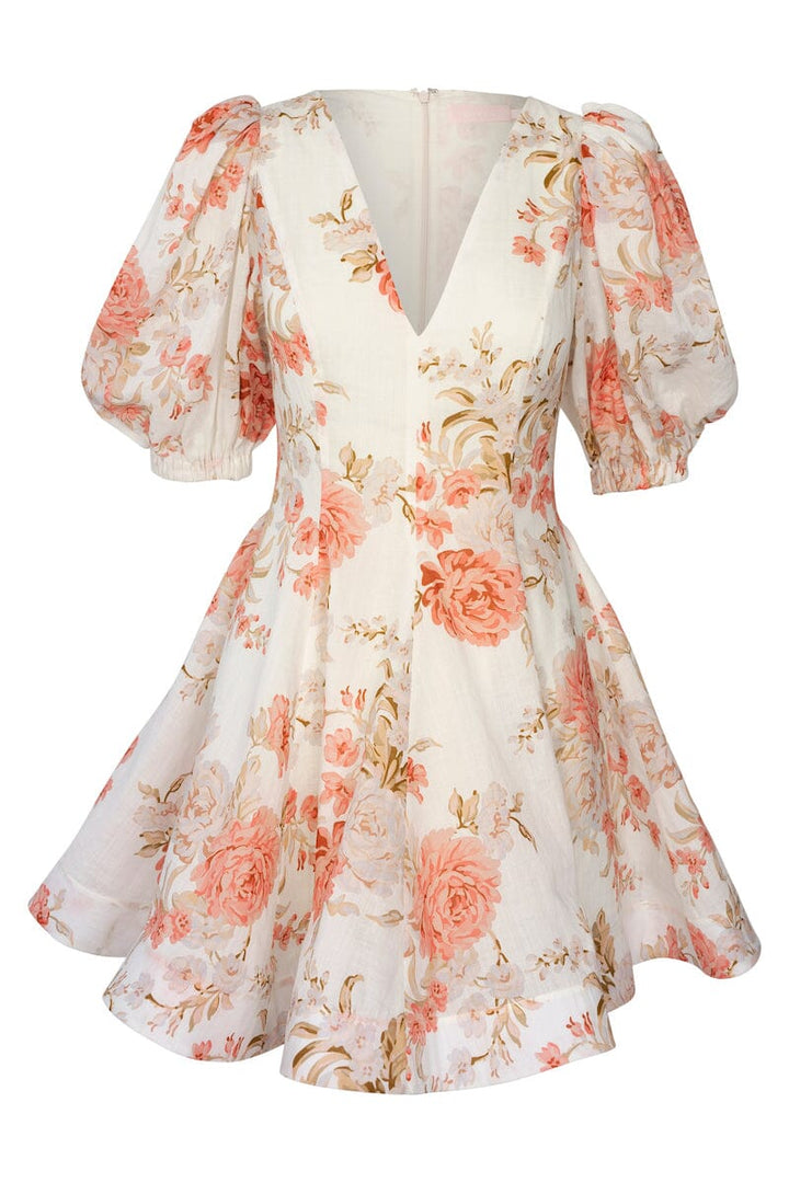 Minivestido con mangas abullonadas y volantes florales