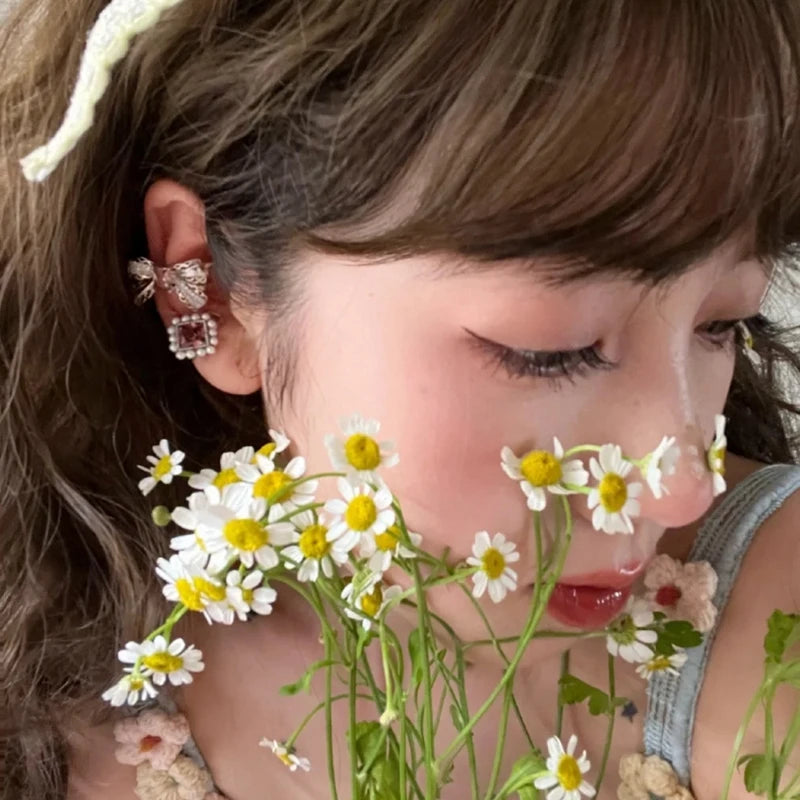 Korean Pink Crystal Bowknot Clip Earrings for Women Elegant Pearl Zircon No Piercing Cartilage Jewelry