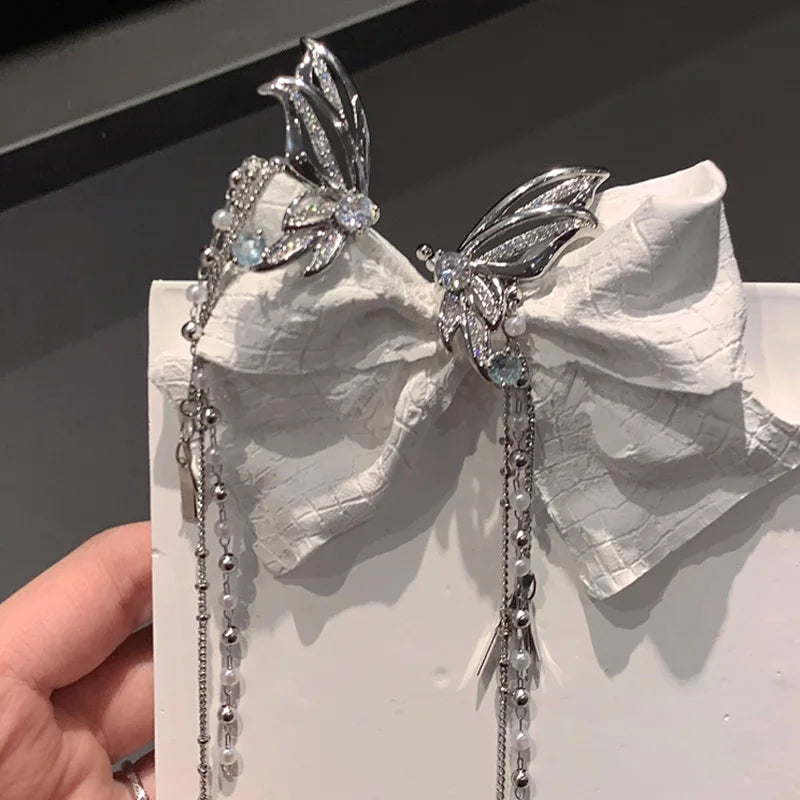 Lizakosht Korean Fashion Butterfly Earrings with Zirconia and Pearl Tassel for Women Modern Ear Clips