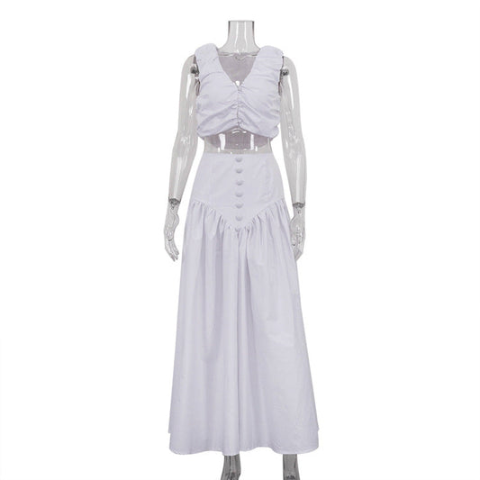 Conjunto de dos piezas de chaleco plisado francés con cintura alta y falda con dobladillo ancho