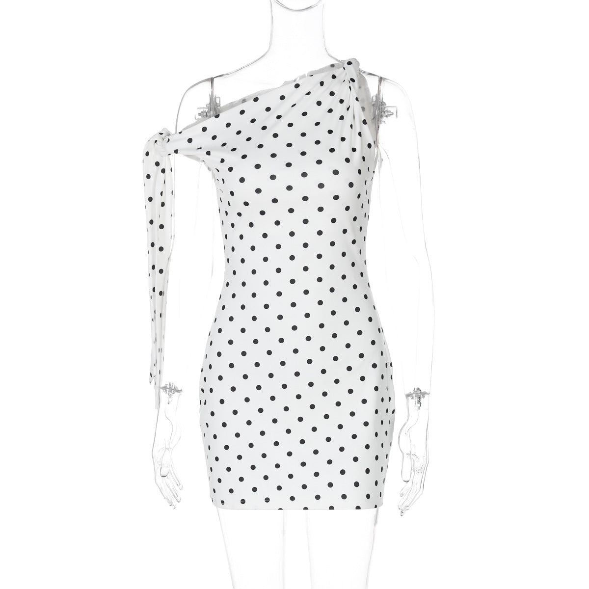 Women Clothing Spring Summer Sexy Polka Dot Printed Shoulder Lace up Slim Fit Hip Bag Dress