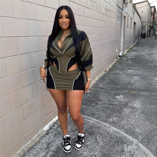 Conjunto deportivo sexy de otoño para mujer, holgado, informal, con contraste de color, de manga larga y abrigo con falda