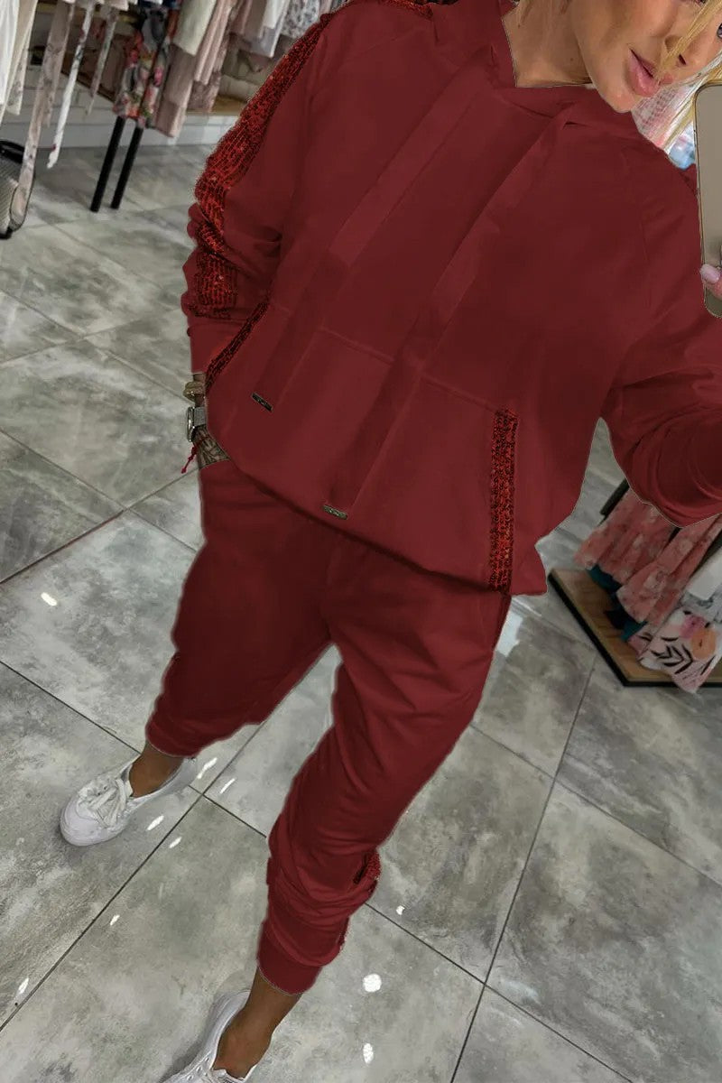 Sudadera deportiva informal con capucha y bolsillo de lentejuelas