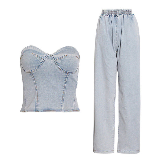 Sexy Pants Set Summer Tube Top Washed Blue Vest High Waist Long Wide Leg Jeans Women