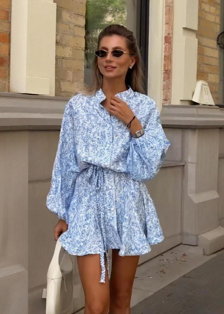 Celina - Light Blue Leaf Print Belted Shirt Dress