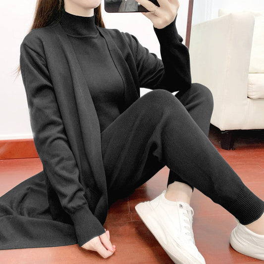 Conjuntos elegantes de moda de otoño para mujer, ropa de estilo occidental, aspecto juvenil, informal, de punto, cárdigan, chaleco, pantalones, conjunto de tres piezas