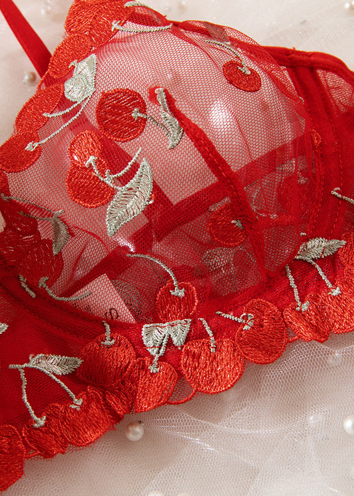 Crimson Bloom - Embroidered Sheer Bra & Panty Set