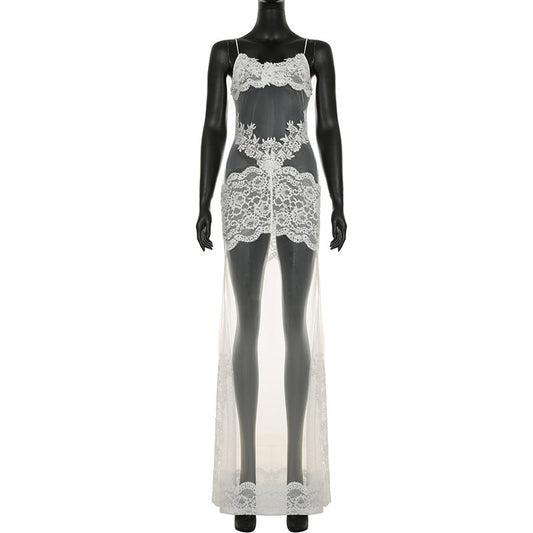 Vestido de verano para mujer, de malla, con encaje y tirantes finos, transparente, sexy, para vacaciones, maxivestido