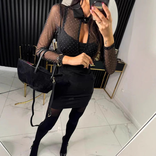 Spring Autumn Faux Two Piece Hip Bag Dress Casual Party Drilling Dress Women